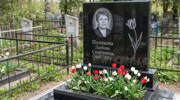 Памятник с гравировкой тюльпанов — выполненная работа «Полякова» в Екатеринбурге