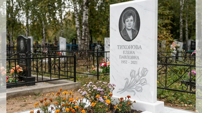 Памятник с гравировкой тюльпанов — выполненная работа «Тихонова» в Екатеринбурге