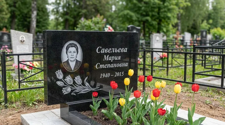 Памятник с гравировкой тюльпанов — выполненная работа «Савельева» в Екатеринбурге