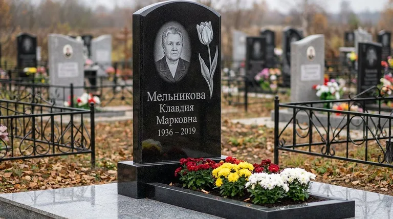 Памятник с гравировкой тюльпанов — выполненная работа «Мельникова» в Екатеринбурге