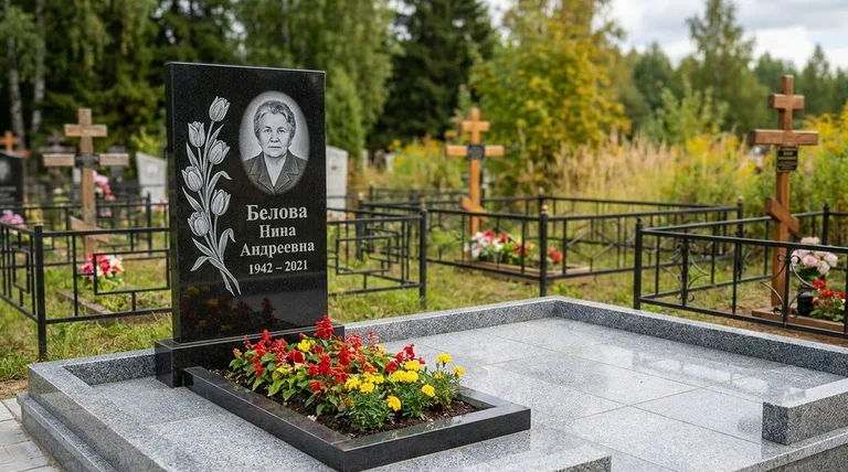 Памятник с гравировкой тюльпанов — выполненная работа «Белова» в Екатеринбурге