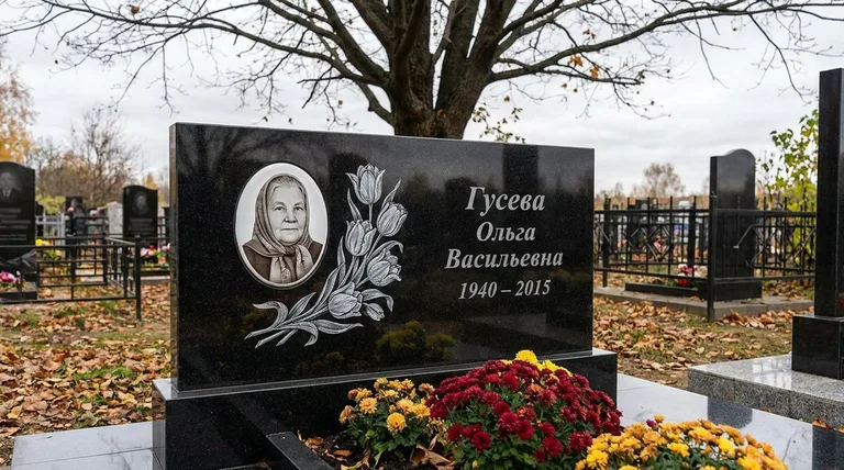 Памятник с гравировкой тюльпанов — выполненная работа «Гусева» в Екатеринбурге