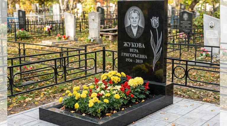 Памятник с гравировкой тюльпанов — выполненная работа «Жукова» в Екатеринбурге