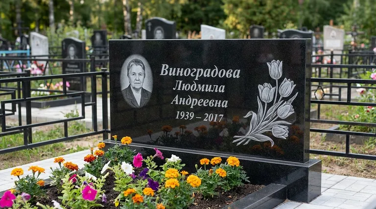 Памятник с гравировкой тюльпанов — выполненная работа «Виноградова» в Екатеринбурге