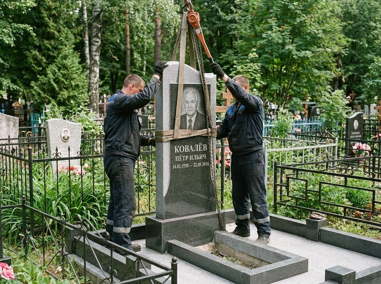 Демонтаж памятника на кладбище в Екатеринбурге — бригада аккуратно снимает старый гранитный памятник с могилы