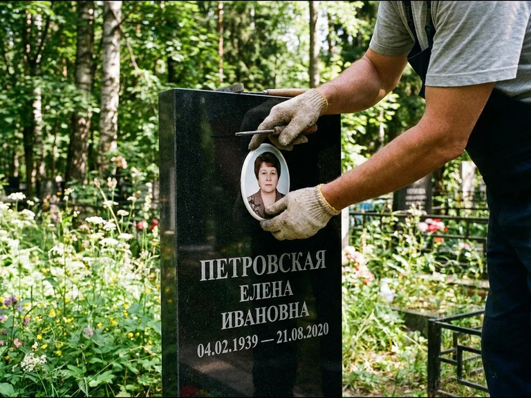 Фото на керамике на памятник в Екатеринбурге — мастер устанавливает овальный керамический портрет на гранитный памятник