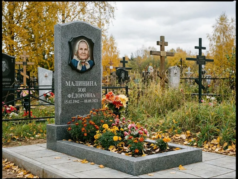 Чёрно-белый керамический портрет на памятнике в Екатеринбурге