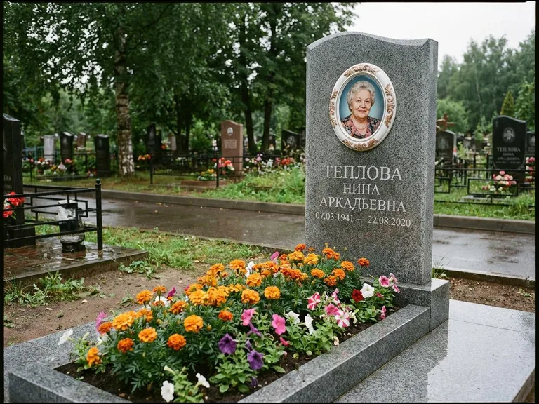Керамический портрет на памятнике с цветами в Екатеринбурге