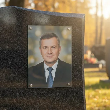 Портрет на стекле на держателях на чёрном граните в Екатеринбурге