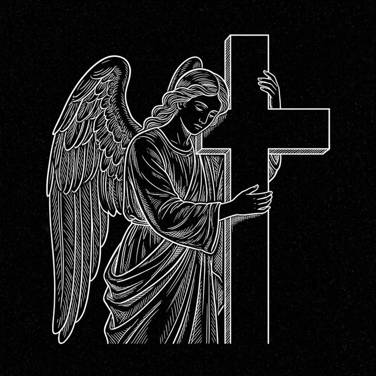 Эскиз гравировки ангела на памятник — ангел, обнимающий крест в Екатеринбурге