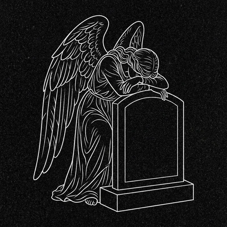 Эскиз гравировки ангела на памятник — печальный ангел у плиты в Екатеринбурге