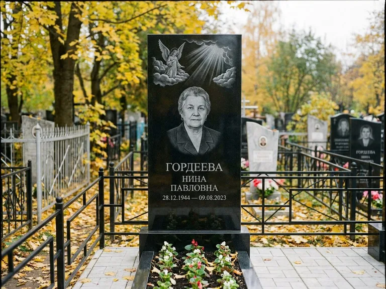 Памятник с гравировкой ангела — гравировка ангела в облаках с лучами над портретом, работа «Гордеева» в Екатеринбурге