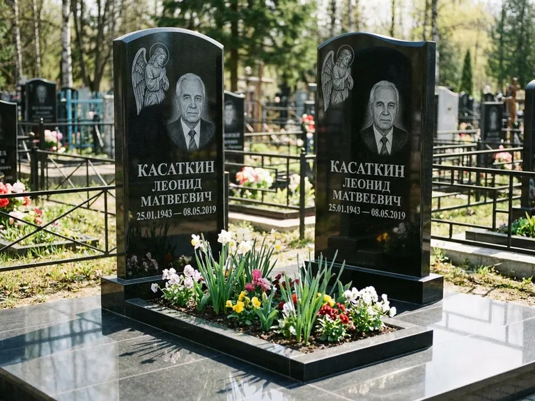 Памятник с гравировкой ангела — гравировка молящегося ангела в верхней части стелы, работа «Касаткин» в Екатеринбурге