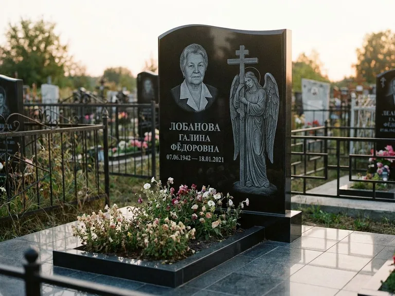 Памятник с гравировкой ангела — гравировка ангела с крестом рядом с эпитафией, работа «Лобанова» в Екатеринбурге