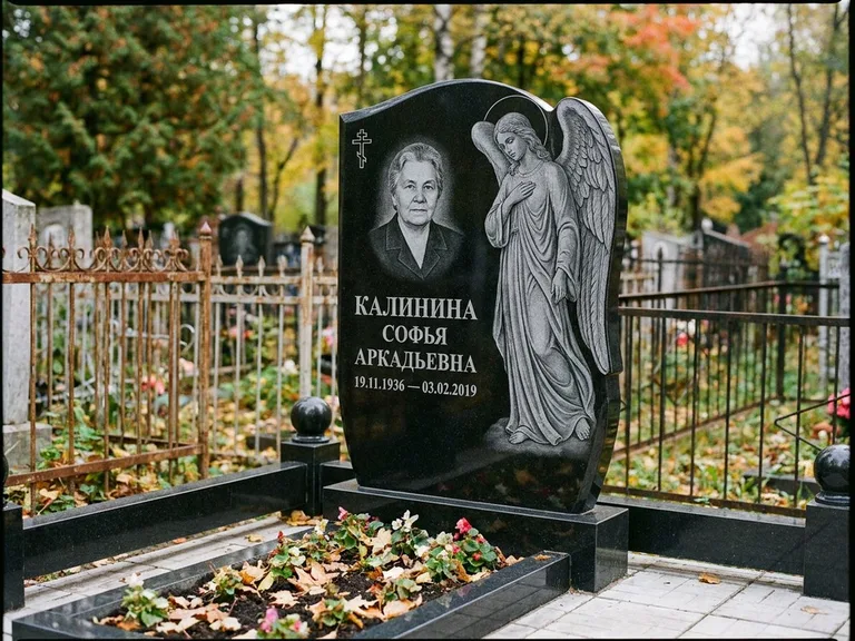 Памятник с гравировкой ангела — гравировка ангела с крестом рядом с эпитафией, работа «Игнатова» в Екатеринбурге