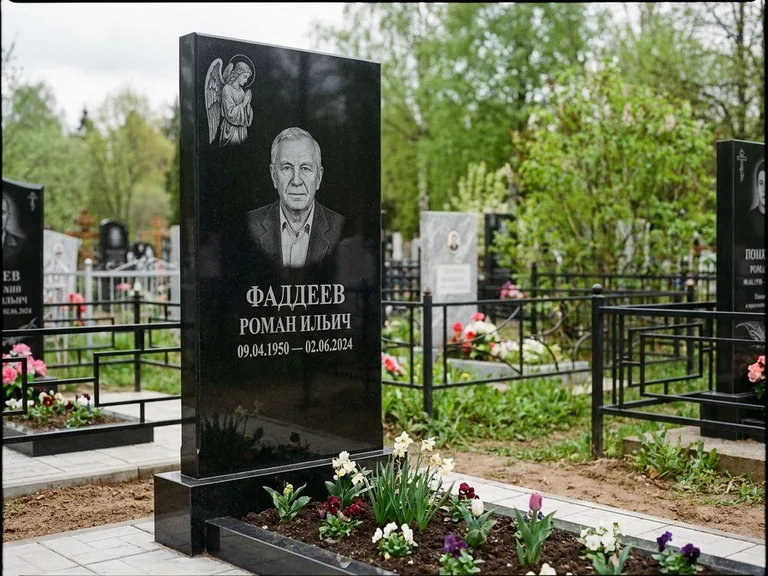 Памятник с гравировкой ангела — гравировка молящегося ангела в верхней части стелы, работа «Фаддеев» в Екатеринбурге