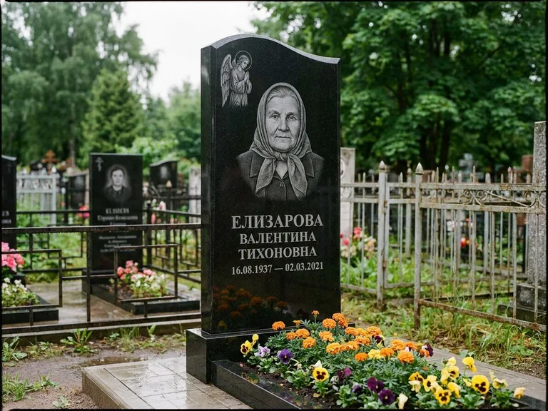 Памятник с гравировкой ангела — гравировка ангела с голубем по диагонали стелы, работа «Пантелеева» в Екатеринбурге