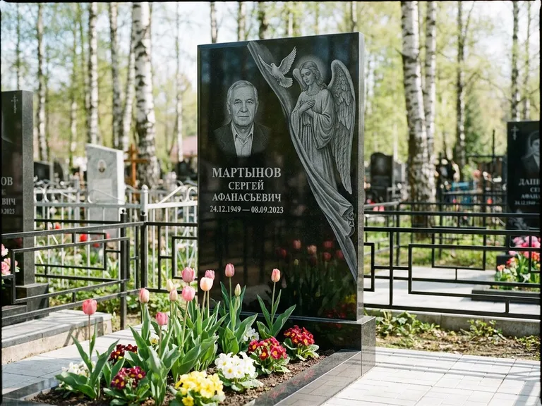 Памятник с гравировкой ангела — гравировка двух ангелов по сторонам портрета, работа «Касаткин» в Екатеринбурге