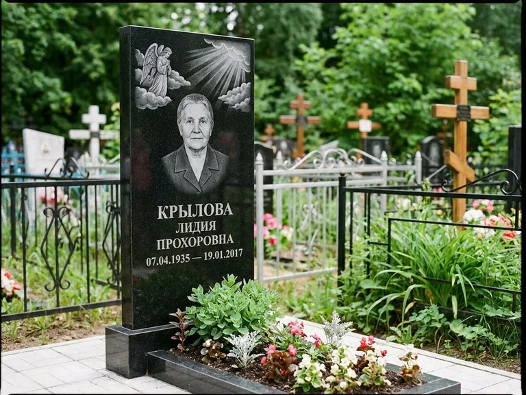 Памятник с гравировкой ангела — гравировка ангела в облаках с лучами над портретом, работа «Лобанова» в Екатеринбурге