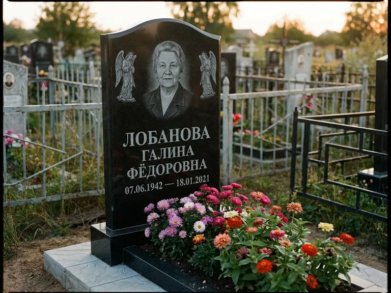 Памятник с гравировкой ангела — гравировка двух ангелов по сторонам портрета, работа «Лобанова» в Екатеринбурге