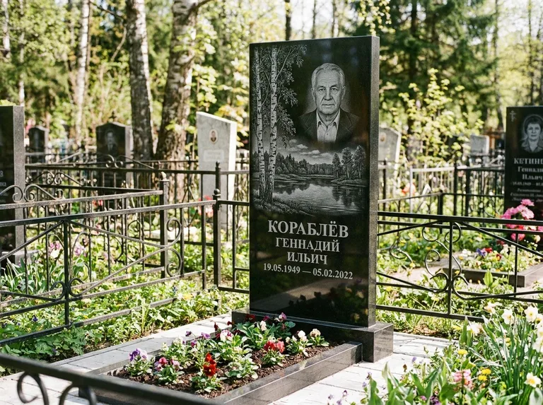 Памятник с гравировкой берёзы — гравировка берёзы у зеркального озера, работа «Кораблёв» в Екатеринбурге