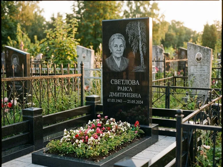 Памятник с гравировкой берёзы — гравировка плакучей берёзы с тонкими ветвями, работа «Светлова» в Екатеринбурге