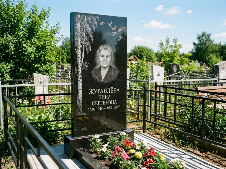 Памятник с гравировкой берёзы — гравировка берёзы с журавлиным клином в небе, работа «Журавлёва» в Екатеринбурге