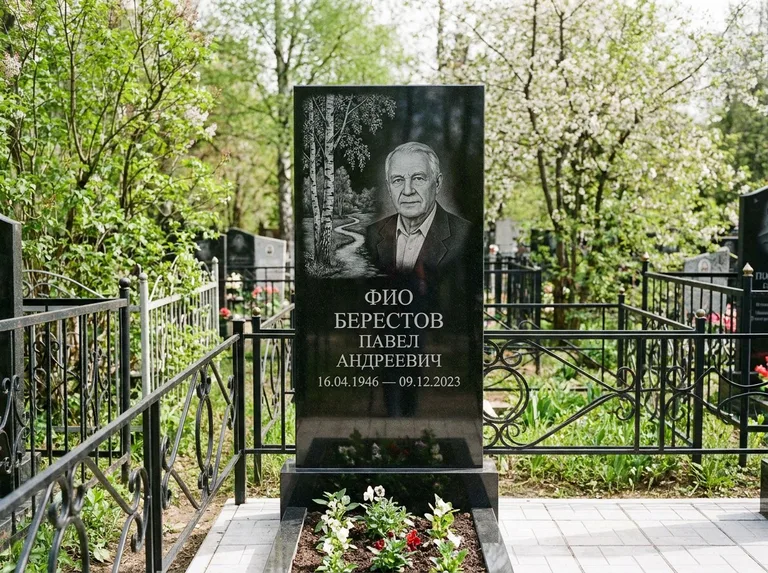 Памятник с гравировкой берёзы — гравировка берёзы у тропинки, уходящей вдаль, работа «Берестов» в Екатеринбурге