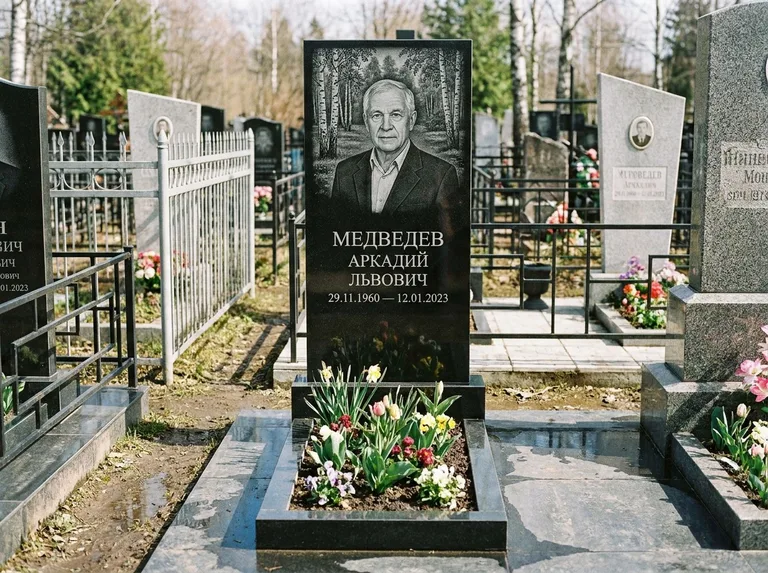 Памятник с гравировкой берёзы — гравировка берёзовой рощи в глубину, работа «Медведев» в Екатеринбурге