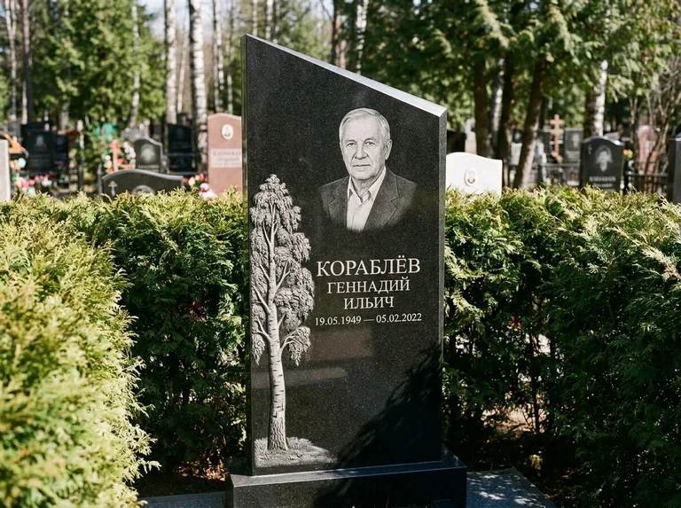 Памятник с гравировкой берёзы: асимметричная скошенная стела — объёмная одинокая берёза с фактурной корой, живая изгородь из туи, работа «Кораблёв» в Екатеринбурге