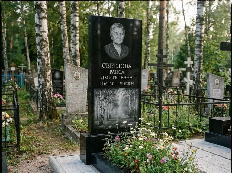 Памятник с гравировкой берёзы: двойная семейная стела — берёзовая роща в лёгкой дымке, цветник с полевыми цветами, работа «Светлова» в Екатеринбурге