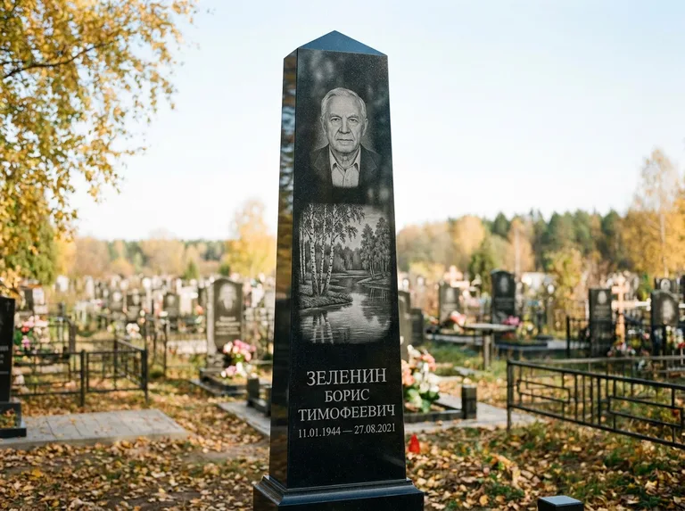 Памятник с гравировкой берёзы: гранёный обелиск-колонна — берёза у воды с отражением, открытый участок, мягкий свет, работа «Зеленин» в Екатеринбурге