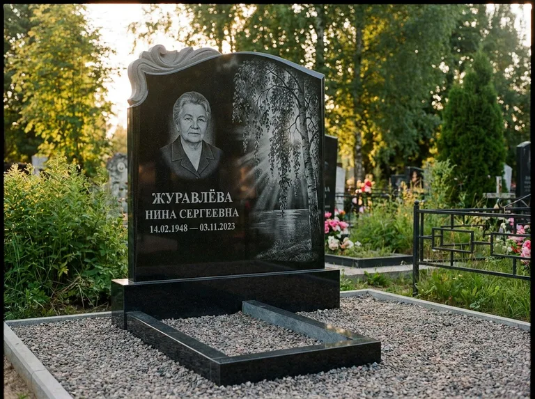 Памятник с гравировкой берёзы: стела с фигурным резным верхом — плакучая берёза в контровом свете, гравийная отсыпка, рассвет, работа «Журавлёва» в Екатеринбурге