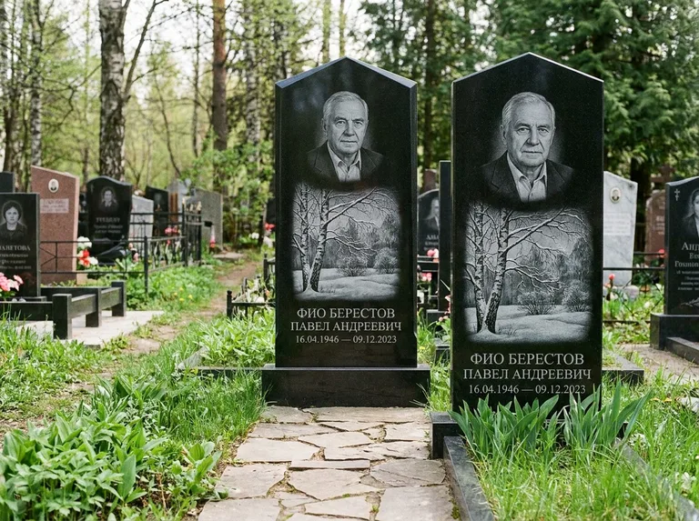 Памятник с гравировкой берёзы: массивная стела с двускатным навершием — зимняя берёза, снег на ветвях, дорожка из природного плитняка, работа «Берестов» в Екатеринбурге