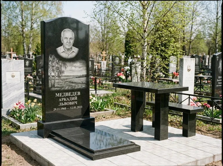 Памятник с гравировкой берёзы: стела с гранитным столиком и скамьёй — берёза у поля, простор до горизонта, семейный участок с плиткой, работа «Медведев» в Екатеринбурге