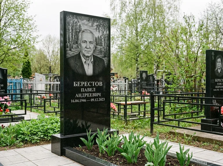 Памятник с гравировкой берёзы — гравировка берёзовой рощи в глубину, работа «Берестов» в Екатеринбурге