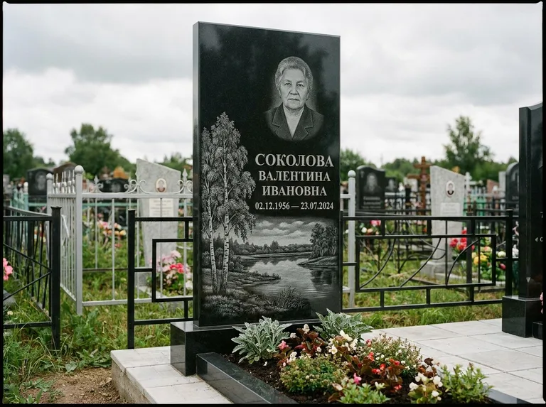Памятник с гравировкой берёзы — гравировка берёзы у зеркального озера, работа «Соколова» в Екатеринбурге