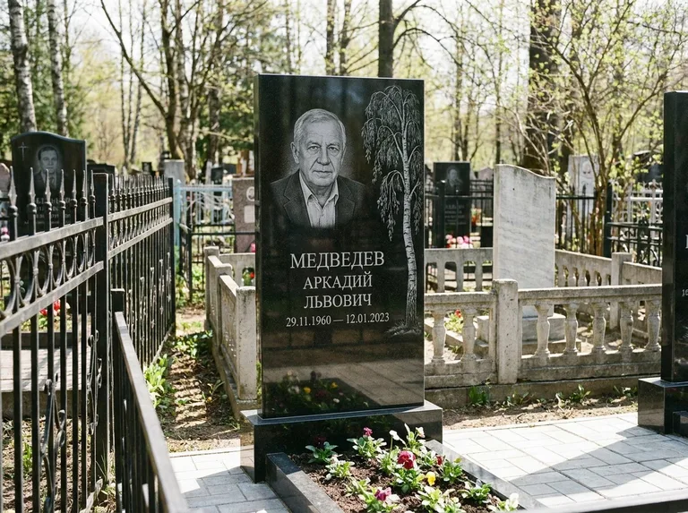 Памятник с гравировкой берёзы — гравировка плакучей берёзы с тонкими ветвями, работа «Медведев» в Екатеринбурге