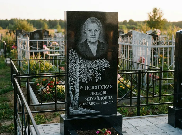 Памятник с гравировкой берёзы — гравировка зимней берёзы в инее, работа «Полянская» в Екатеринбурге