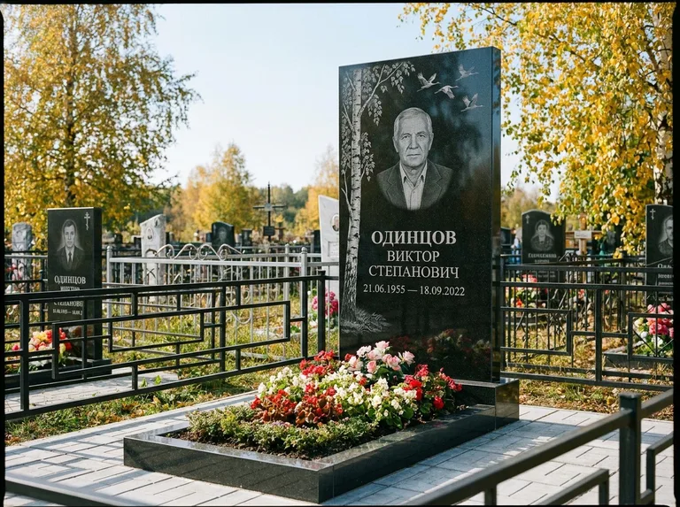 Памятник с гравировкой берёзы — гравировка берёзы с журавлиным клином в небе, работа «Одинцов» в Екатеринбурге