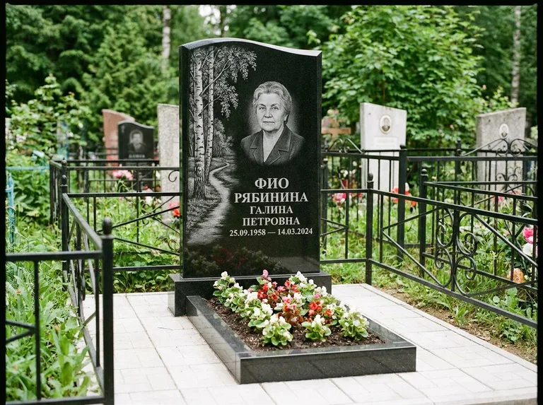 Памятник с гравировкой берёзы — гравировка берёзы у тропинки, уходящей вдаль, работа «Рябинина» в Екатеринбурге