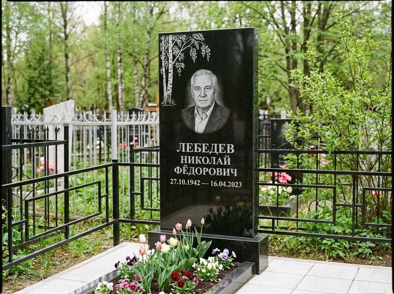 Памятник с гравировкой берёзы — гравировка одинокой берёзы над именем, работа «Лебедев» в Екатеринбурге