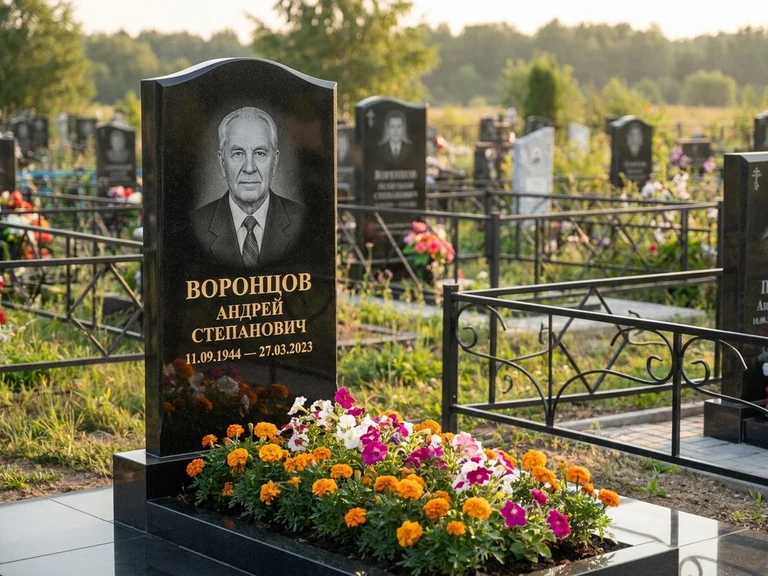 Гравировка фото на памятнике в Екатеринбурге — готовый гравированный портрет на чёрном граните