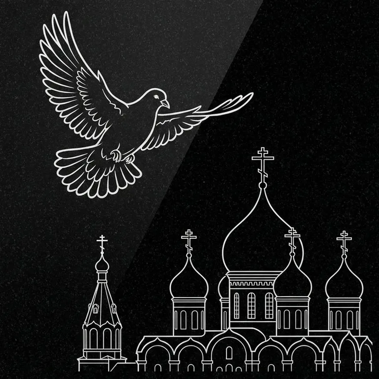 Эскиз гравировки голубей на памятник — голубь в небе над храмом в Екатеринбурге