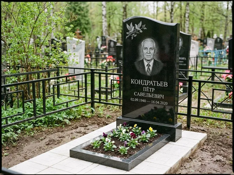 Памятник с гравировкой голубей — гравировка пары голубей на ветке в верхнем углу стелы, работа «Кондратьев» в Екатеринбурге