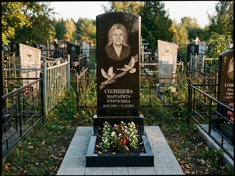 Памятник с гравировкой голубей — гравировка двух летящих голубей с лентой по диагонали стелы, работа «Солнцева» в Екатеринбурге