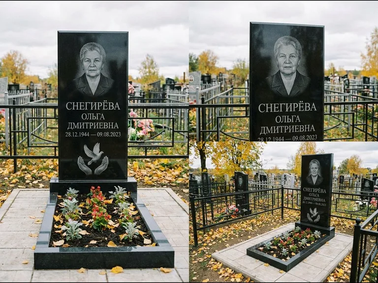 Памятник с гравировкой голубей — гравировка голубя над раскрытыми ладонями внизу стелы, работа «Снегирёва» в Екатеринбурге