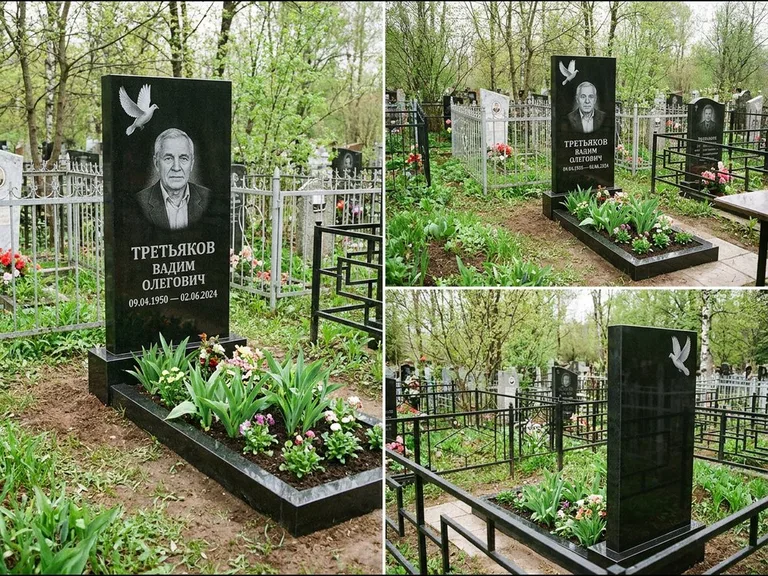 Памятник с гравировкой голубей — белая гравировка взлетающего голубя над портретом, работа «Третьяков» в Екатеринбурге