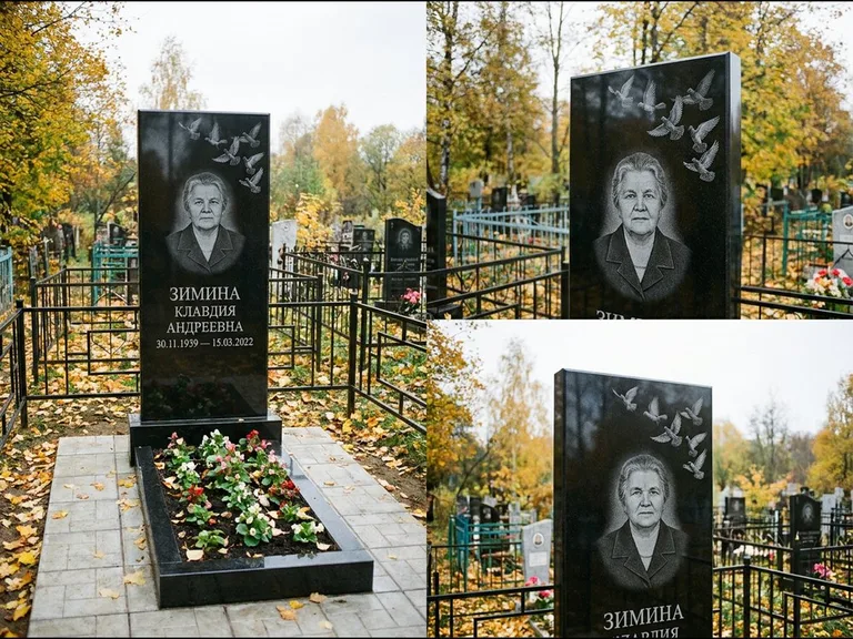 Памятник с гравировкой голубей — гравировка стаи голубей, взлетающей от угла стелы, работа «Зимина» в Екатеринбурге