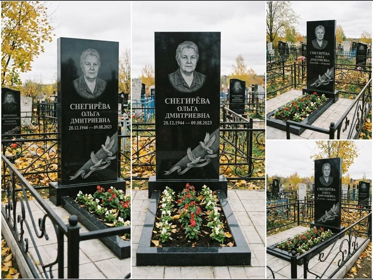 Памятник с гравировкой голубей — гравировка двух летящих голубей с лентой по диагонали стелы, работа «Снегирёва» в Екатеринбурге
